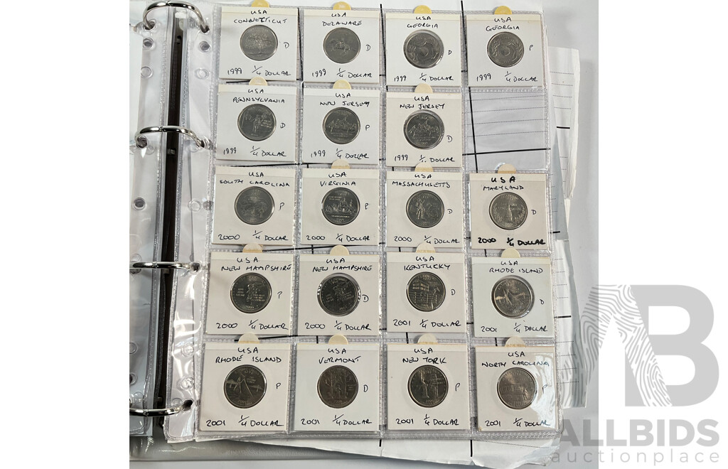 Album of American Coins Including One Cents, Five Cents, Dimes, Quarters, Half Dollars, One Dollars, Various Mints Including Commemorative Quarters, Examples Spanning 1920 to 2011, Some International