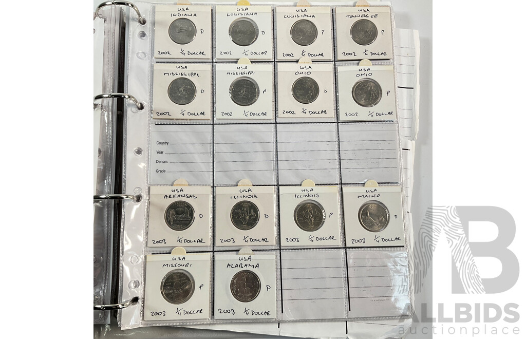 Album of American Coins Including One Cents, Five Cents, Dimes, Quarters, Half Dollars, One Dollars, Various Mints Including Commemorative Quarters, Examples Spanning 1920 to 2011, Some International
