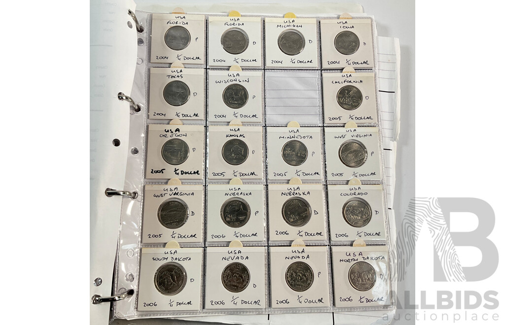 Album of American Coins Including One Cents, Five Cents, Dimes, Quarters, Half Dollars, One Dollars, Various Mints Including Commemorative Quarters, Examples Spanning 1920 to 2011, Some International