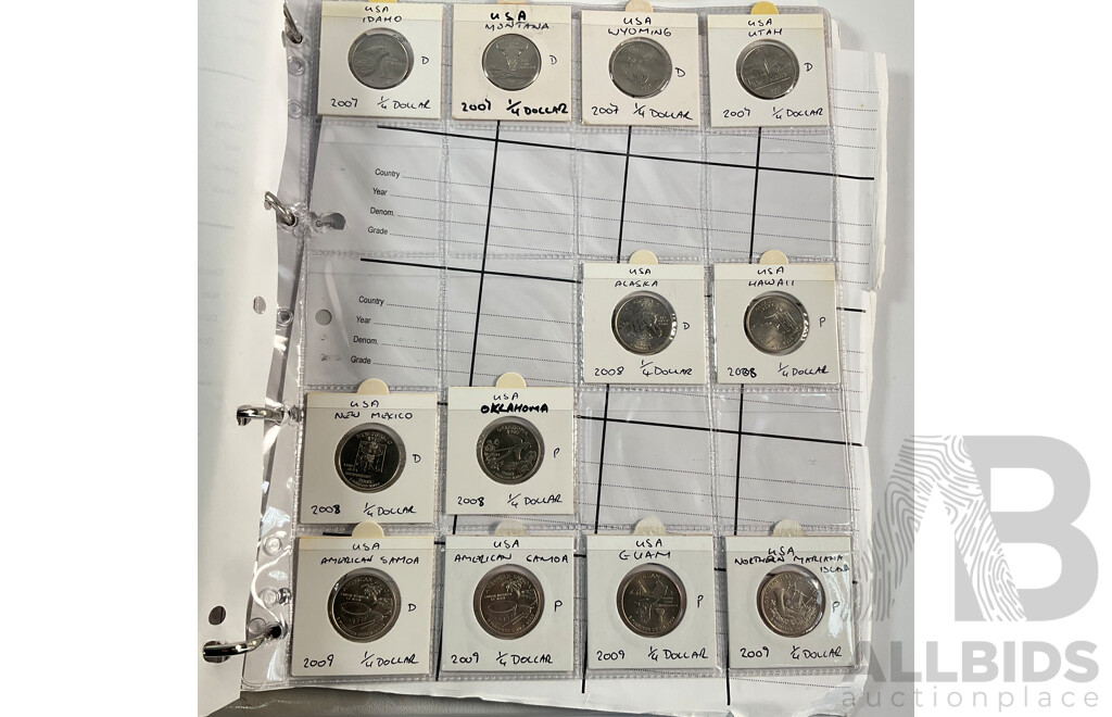 Album of American Coins Including One Cents, Five Cents, Dimes, Quarters, Half Dollars, One Dollars, Various Mints Including Commemorative Quarters, Examples Spanning 1920 to 2011, Some International
