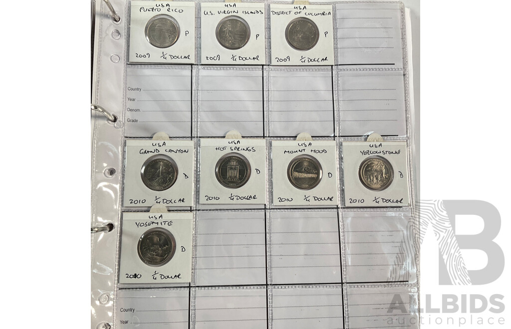 Album of American Coins Including One Cents, Five Cents, Dimes, Quarters, Half Dollars, One Dollars, Various Mints Including Commemorative Quarters, Examples Spanning 1920 to 2011, Some International