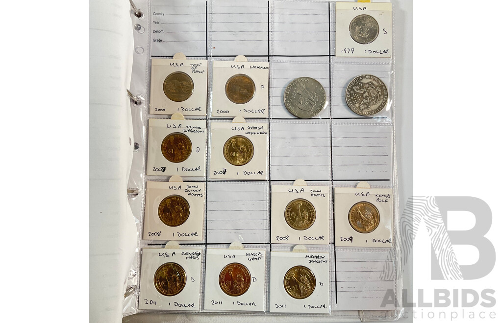 Album of American Coins Including One Cents, Five Cents, Dimes, Quarters, Half Dollars, One Dollars, Various Mints Including Commemorative Quarters, Examples Spanning 1920 to 2011, Some International