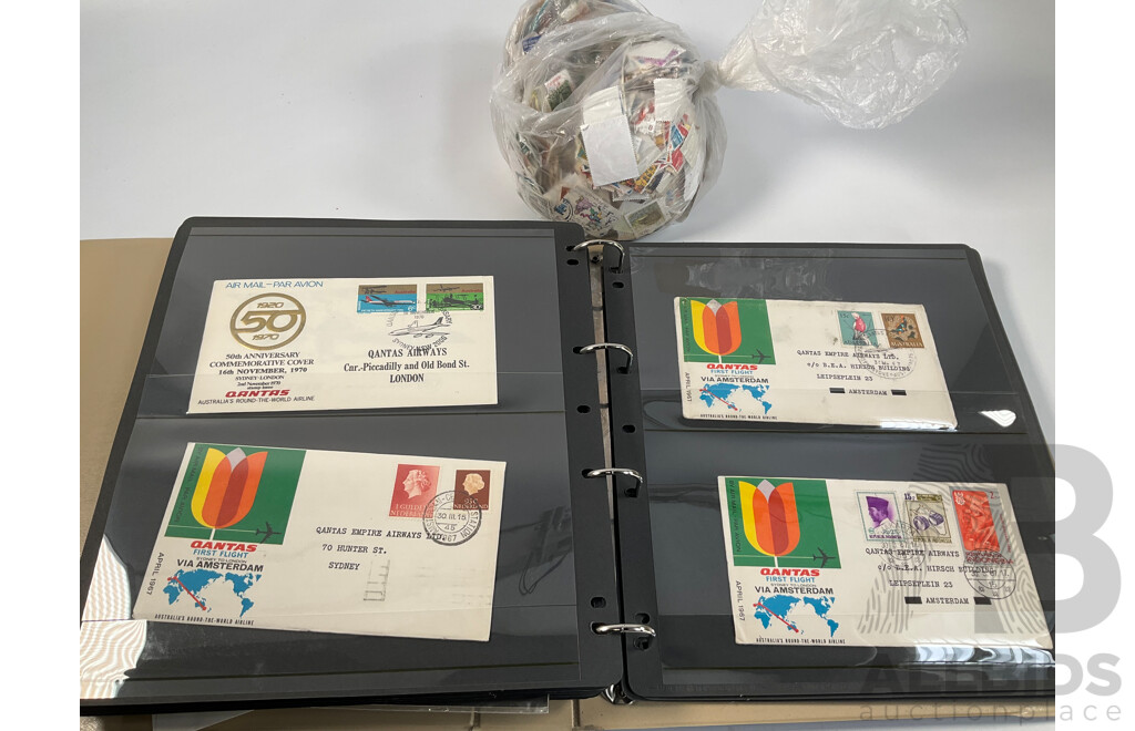 Album of Mostly 1960's-1980's Australian First Day Covers Including Many Qantas Inaugural Flights, Collection of Vintage Cancelled International Stamps
