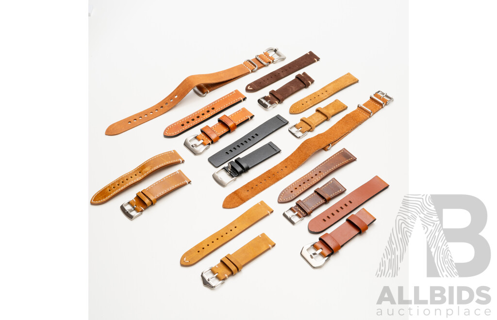 Lot of 10 Assorted Genuine Leather Watch Straps, 20 & 22mm