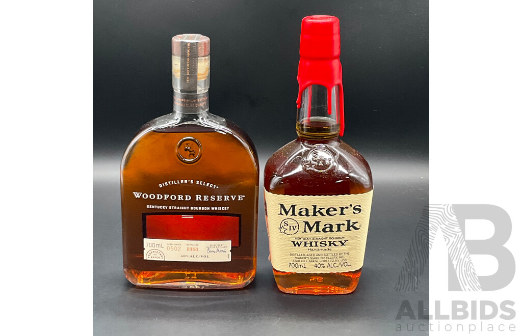 WOODFORD RESERVE Whisky 700ml, MAKER'S MARK Whisky 700ml - Lot of 2