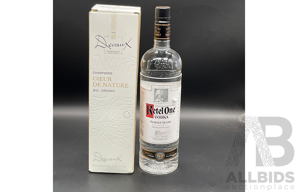 KETEL ONE Vodka 1000ml, Devaux Coeur De Nature Champagne 750ml - Lot of 2