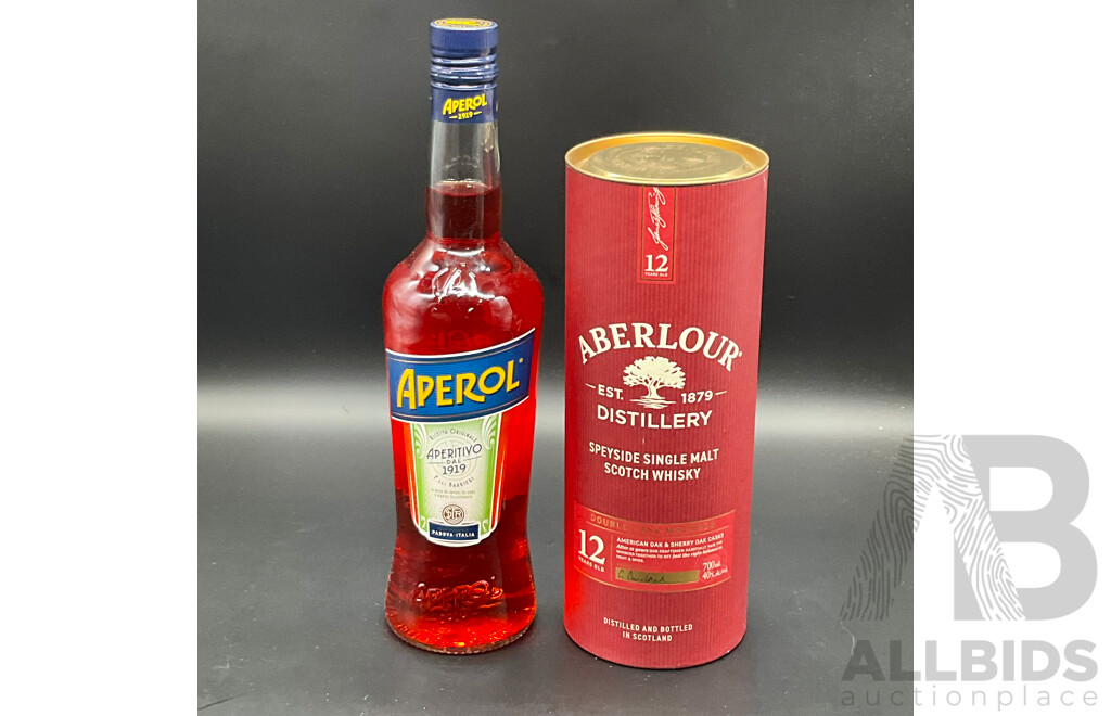 APEROL 700ml, ABERLOUR Scotch 12 Years Old Whisky 700ml - Lot of 2