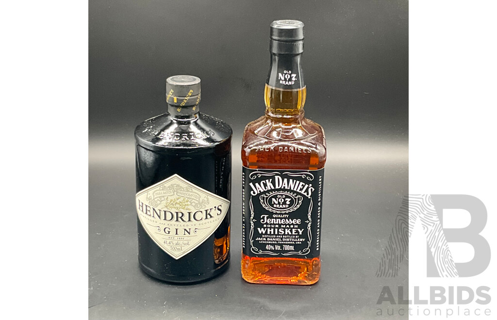 HENDRICK'S GIN 700ml, JACK DANIEL'S Whisky 700ml - Lot of 2