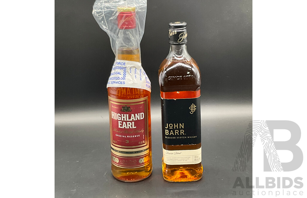 HIGHLAND EARL Whisky 700ml, JOHN BARR Whisky 700ml - Lot of 2