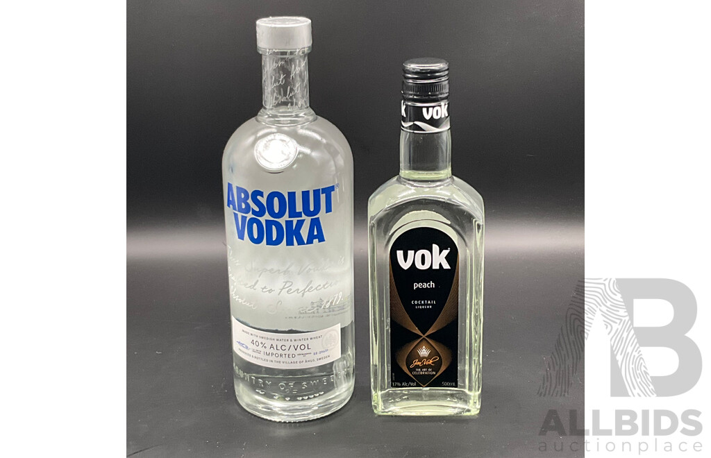 ABSOLUT Vodka 1000ml, VOK Peach 500ml - Lot of 2