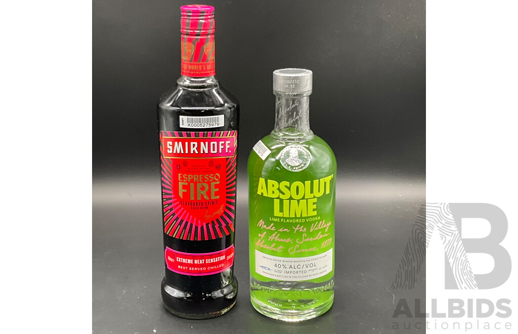 SMIRNOFF Espresso Fire 700ml, ABSOLUT Lime 700ml - Lot of 2