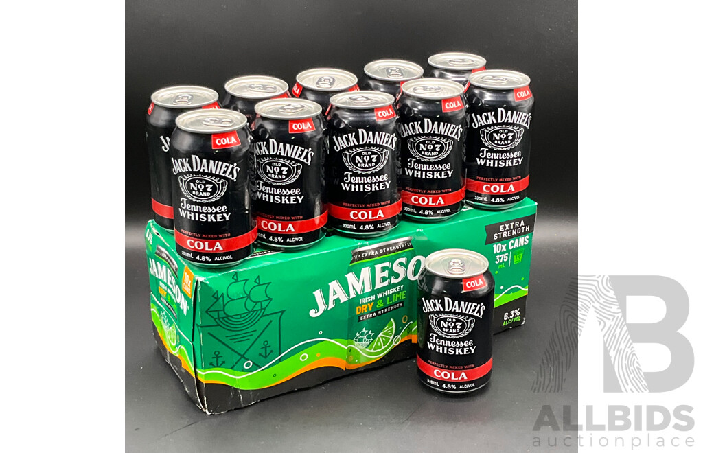 JAMESON Irish Whiskey Dry & Lime 10x 375ml Cans, JACK DANIEL'S Whisky with Cola 11x 330ml Cans - Lot of 21