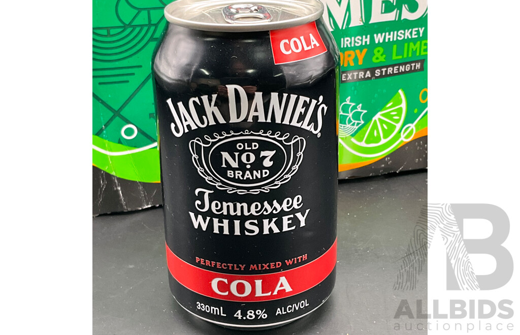 JAMESON Irish Whiskey Dry & Lime 10x 375ml Cans, JACK DANIEL'S Whisky with Cola 11x 330ml Cans - Lot of 21