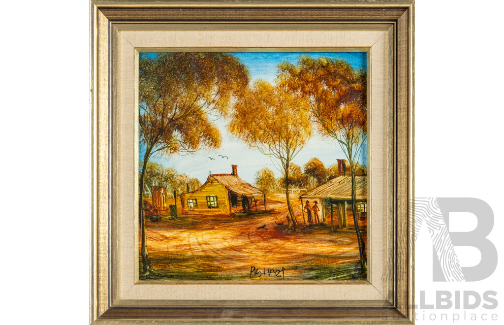 Pro Hart (20th Century, Australian, 1928-2006), Miner's Hut, Original Oil on Masonite, 42H x 42W cm (frame)
