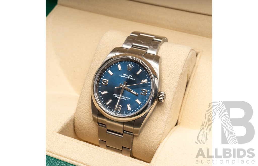 Rolex Oyster Perpetual 34 Blue Face Superlative Chronometer Automatic & Hand Wind Movement, Model - 114200