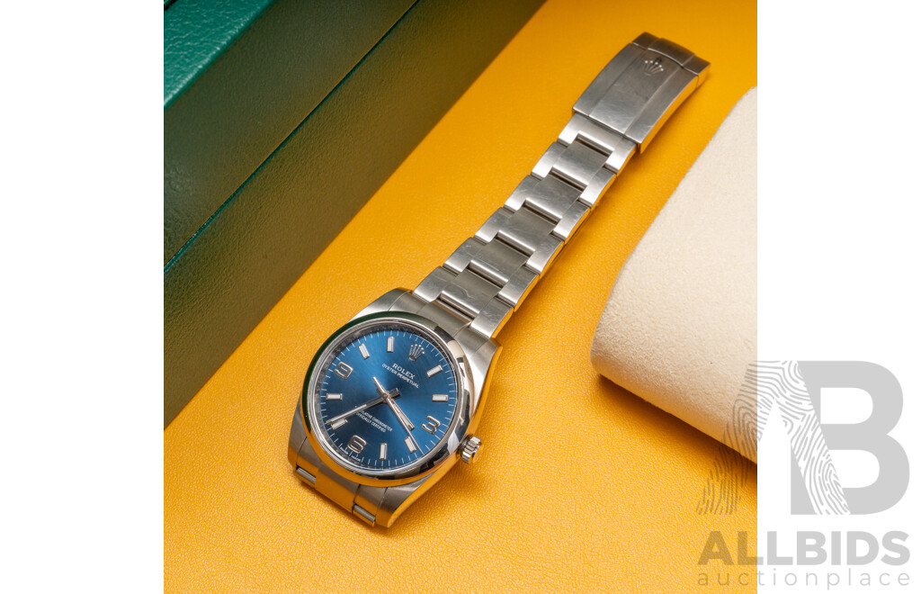 Rolex Oyster Perpetual 34 Blue Face Superlative Chronometer Automatic & Hand Wind Movement, Model - 114200