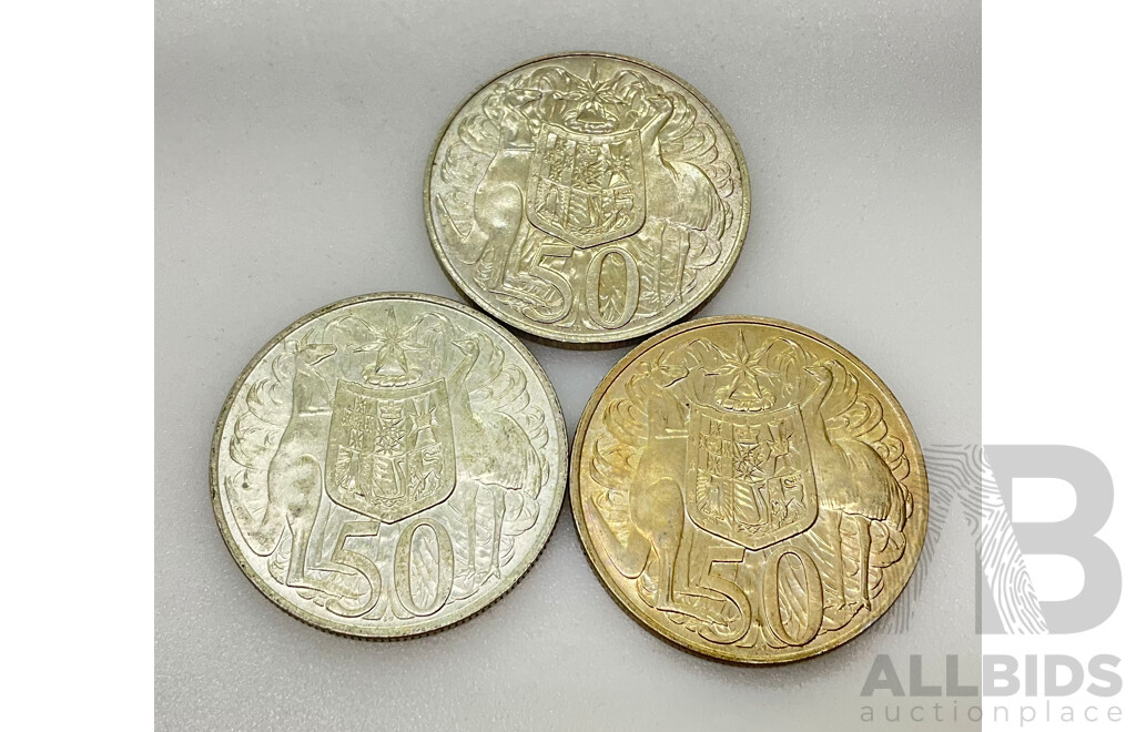 Three Australian 1966 Round Silver Fifty Cent Coins .800