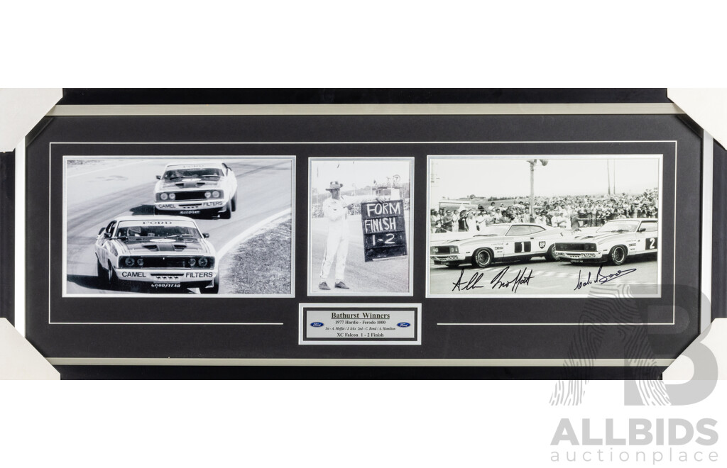 Framed Signed Photo Montage of Bathurst Winner's Allan Moffit and Jacky Ickx with Colin Bond and Allan Hamilton