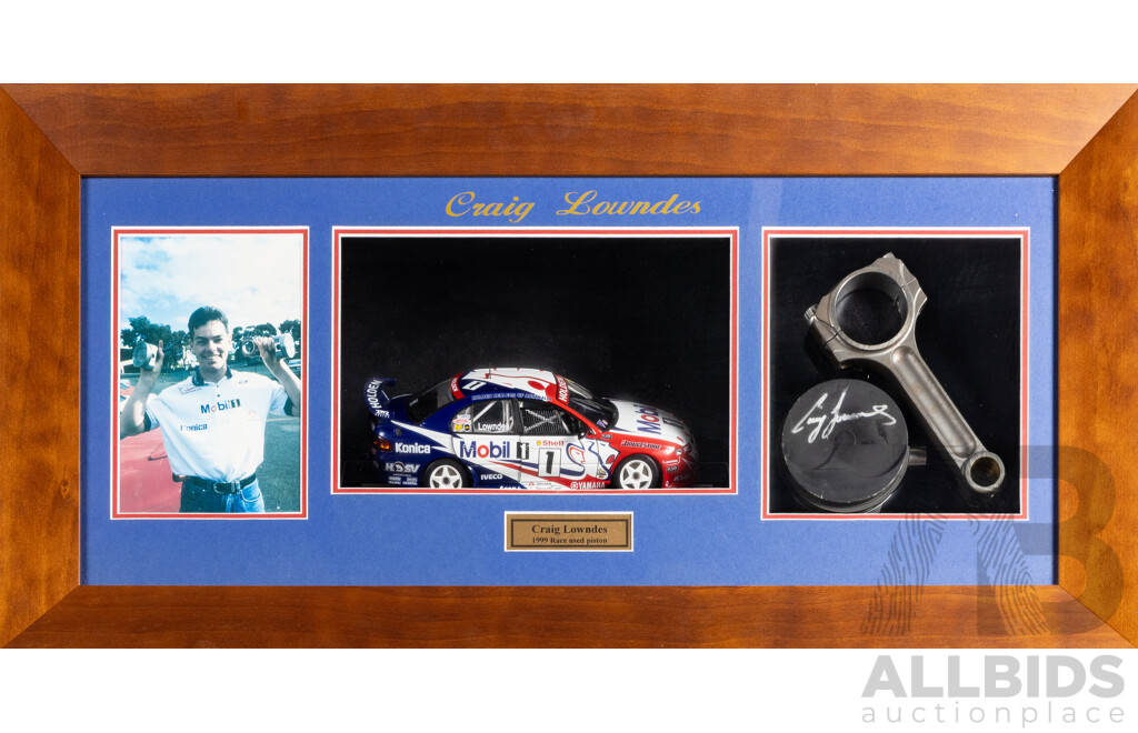Framed Craig Lowndes 1999 Championship Winner Signed Race Piston, AUTOart 1:18 Model Car & Photo