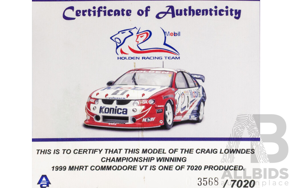 Framed Craig Lowndes 1999 Championship Winner Signed Race Piston, AUTOart 1:18 Model Car & Photo