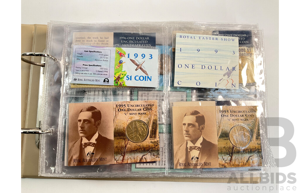 Fifty Six Australian Commemorative Carded One Dollar Coins, Many Sets and Mint Marked