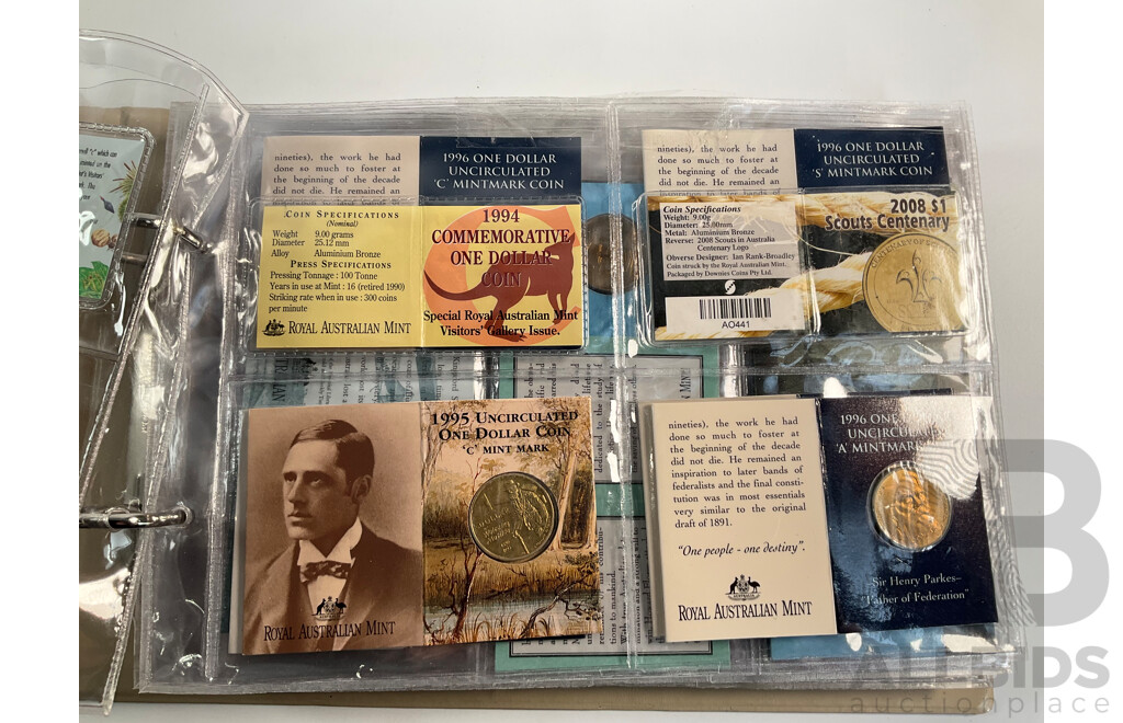 Fifty Six Australian Commemorative Carded One Dollar Coins, Many Sets and Mint Marked