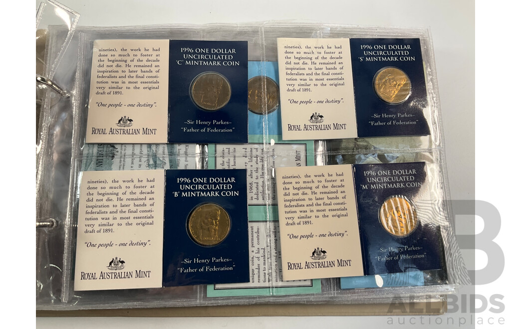Fifty Six Australian Commemorative Carded One Dollar Coins, Many Sets and Mint Marked