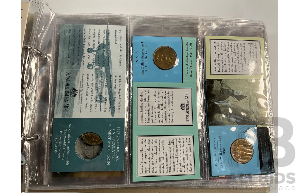 Fifty Six Australian Commemorative Carded One Dollar Coins, Many Sets and Mint Marked