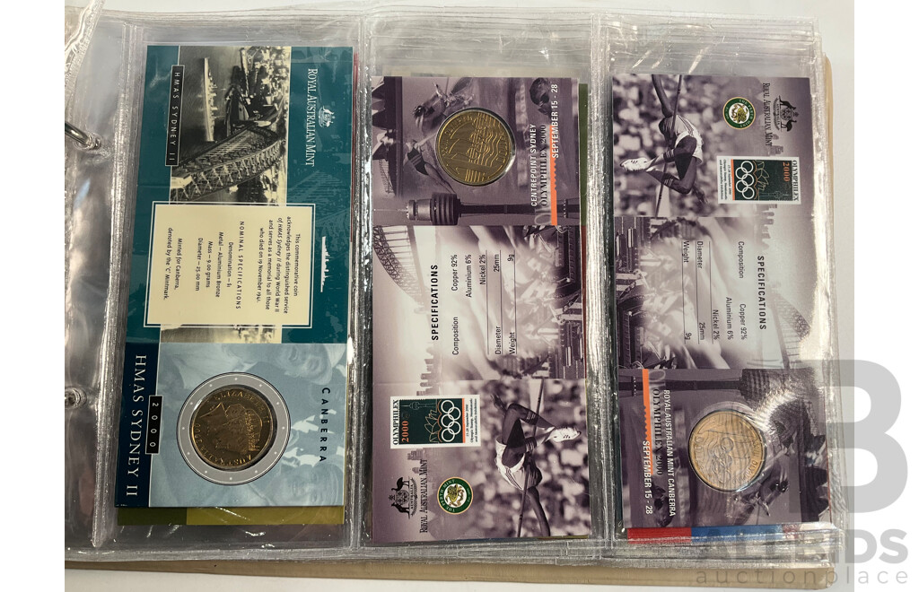Fifty Six Australian Commemorative Carded One Dollar Coins, Many Sets and Mint Marked