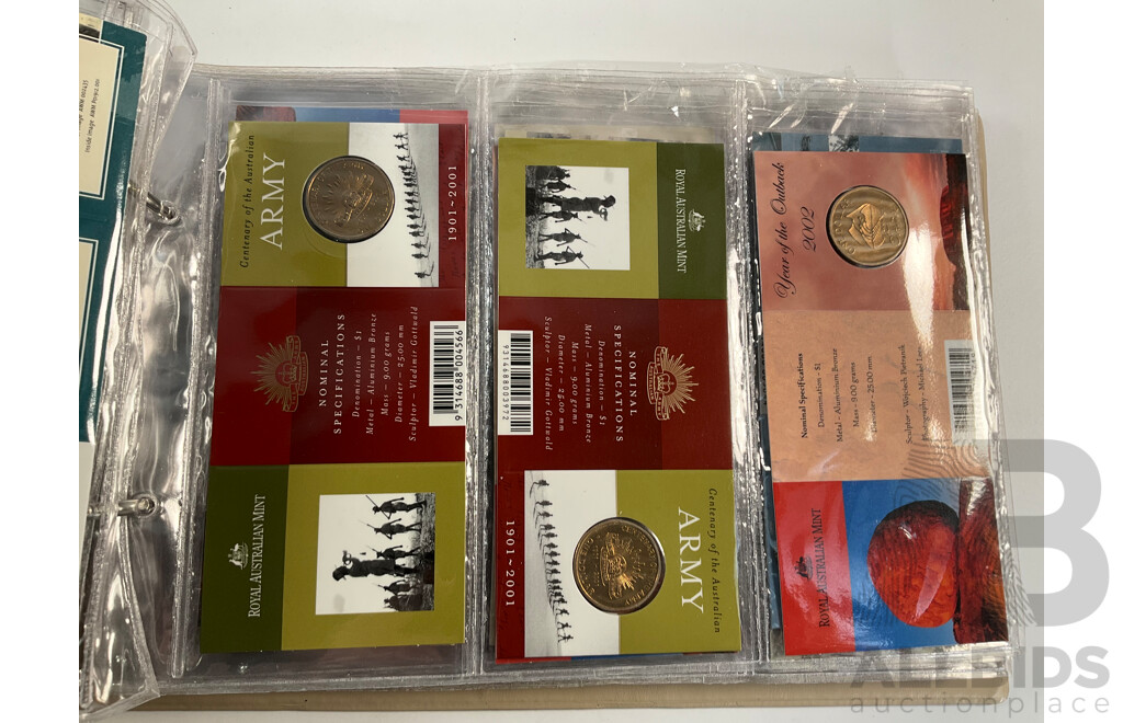 Fifty Six Australian Commemorative Carded One Dollar Coins, Many Sets and Mint Marked