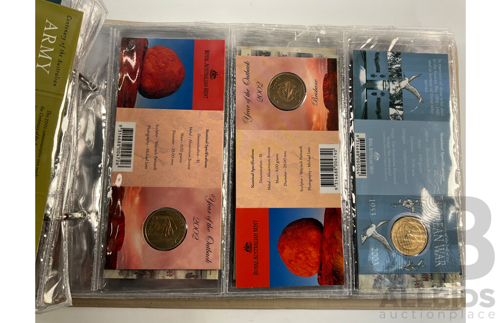 Fifty Six Australian Commemorative Carded One Dollar Coins, Many Sets and Mint Marked