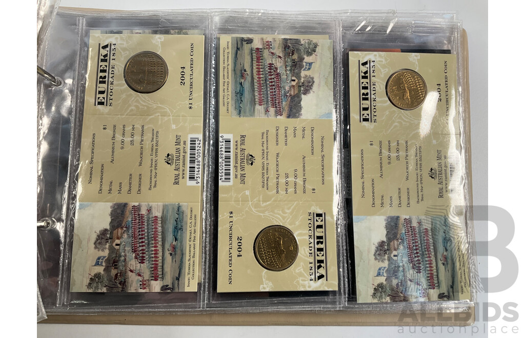 Fifty Six Australian Commemorative Carded One Dollar Coins, Many Sets and Mint Marked
