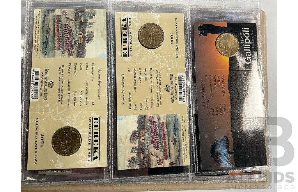Fifty Six Australian Commemorative Carded One Dollar Coins, Many Sets and Mint Marked