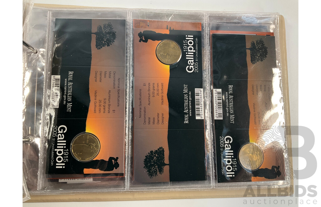 Fifty Six Australian Commemorative Carded One Dollar Coins, Many Sets and Mint Marked