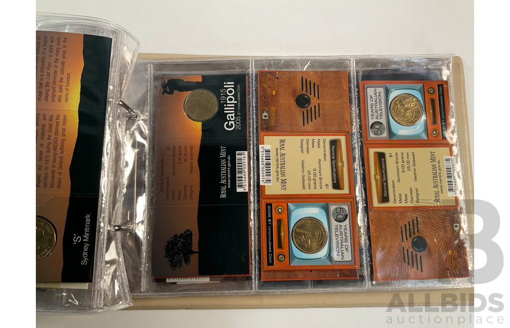 Fifty Six Australian Commemorative Carded One Dollar Coins, Many Sets and Mint Marked