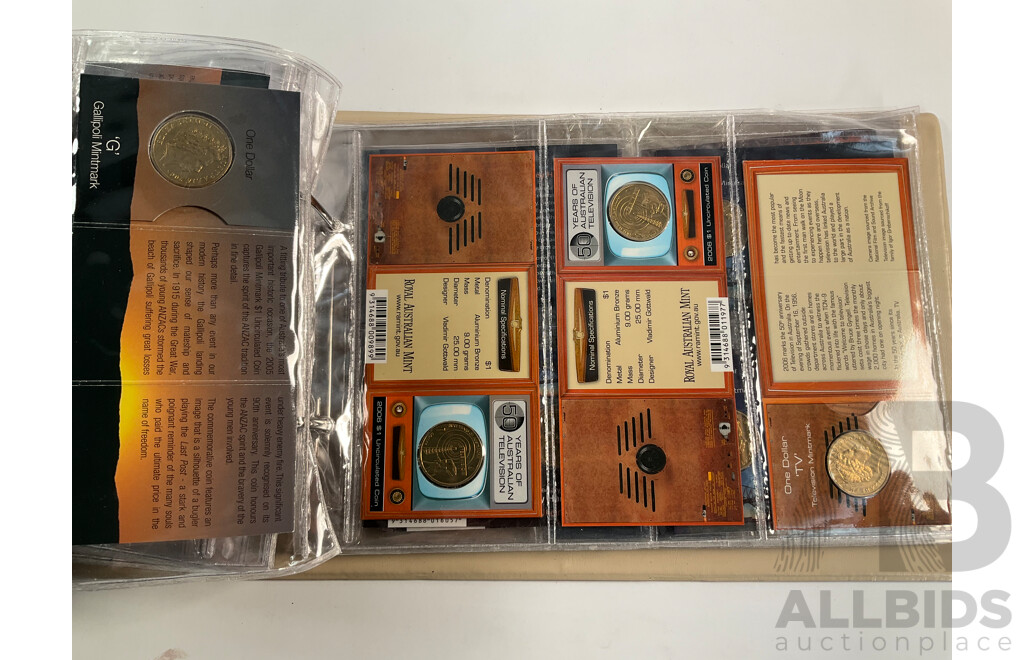 Fifty Six Australian Commemorative Carded One Dollar Coins, Many Sets and Mint Marked