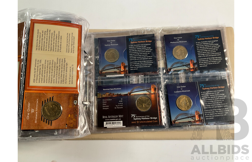 Fifty Six Australian Commemorative Carded One Dollar Coins, Many Sets and Mint Marked