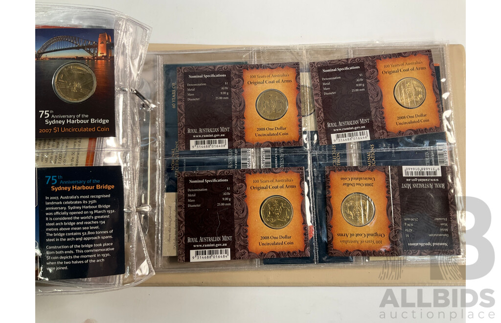 Fifty Six Australian Commemorative Carded One Dollar Coins, Many Sets and Mint Marked