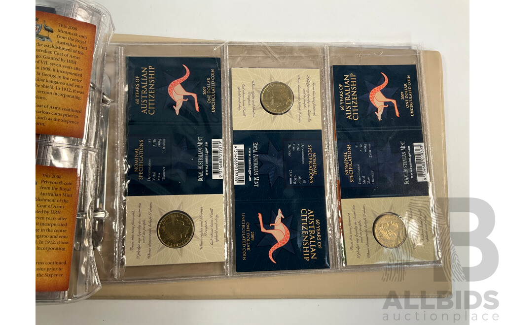 Fifty Six Australian Commemorative Carded One Dollar Coins, Many Sets and Mint Marked