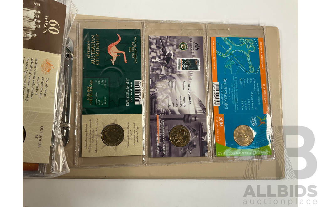 Fifty Six Australian Commemorative Carded One Dollar Coins, Many Sets and Mint Marked