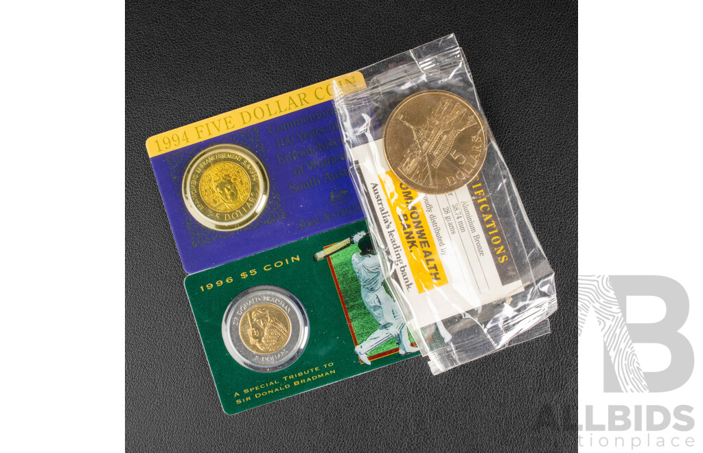 Three Australian Five Dollar Coins Including 1988, 1994, 1996   