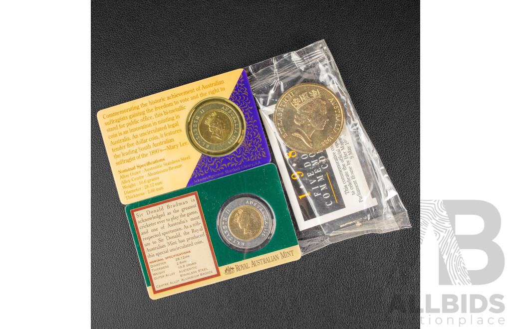 Three Australian Five Dollar Coins Including 1988, 1994, 1996   