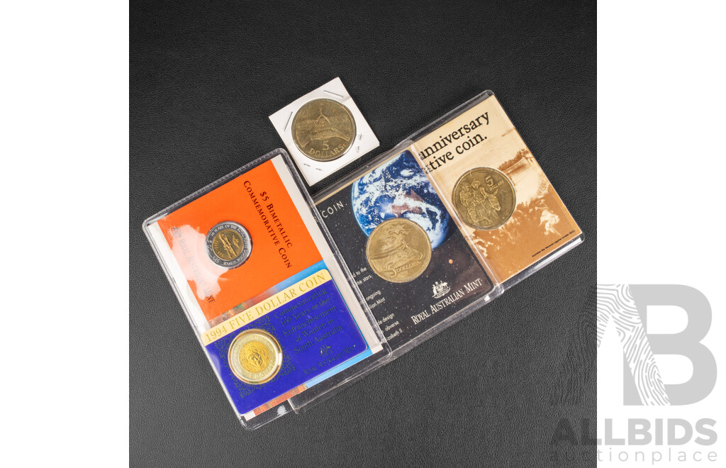 Five Australian Five Dollar Coins, 1988, 1990, 1992, 1994, 1998