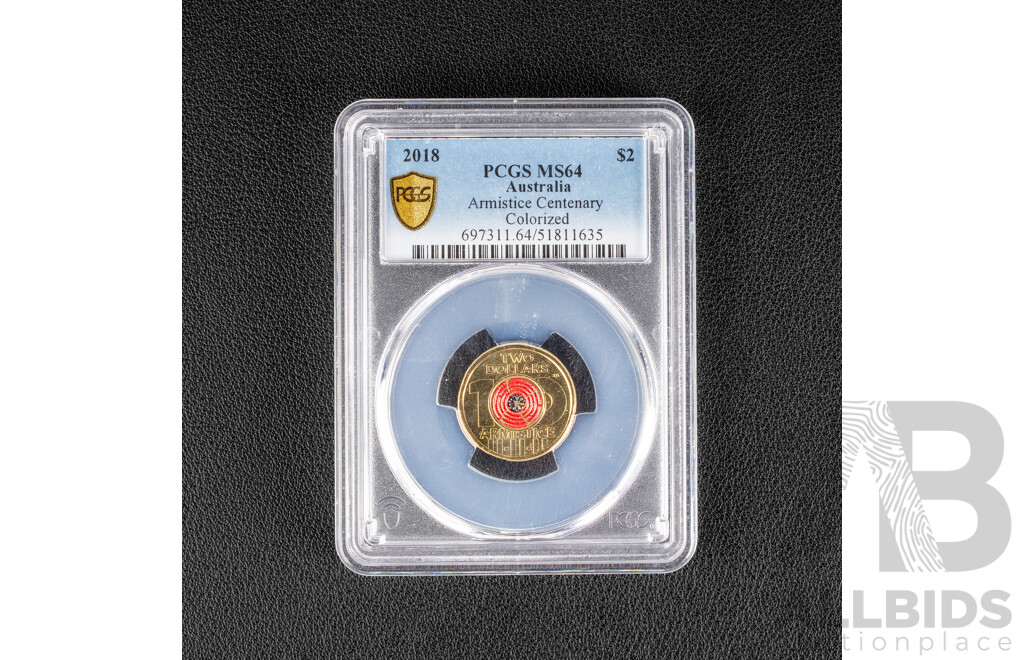 Australian 2018 Coloured Two Dollar Coin, Armistice Centenary, PCGS grae MS62 UNC2