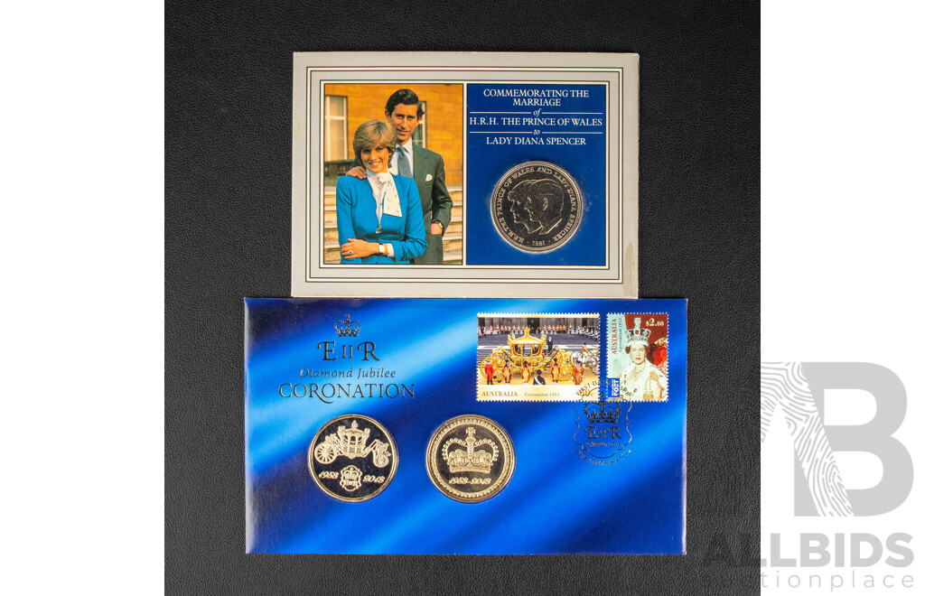Australian 2013 Diamond Jubilee QE2 Coronation medallions. 1981 RM crown, Royal Wedding.