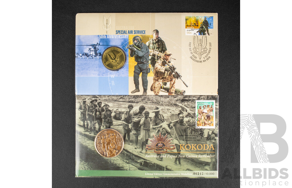 Australian Perty Mint 2010 Kokoda ANZAC medallion. 2007 One Dollar SAS Anniversary