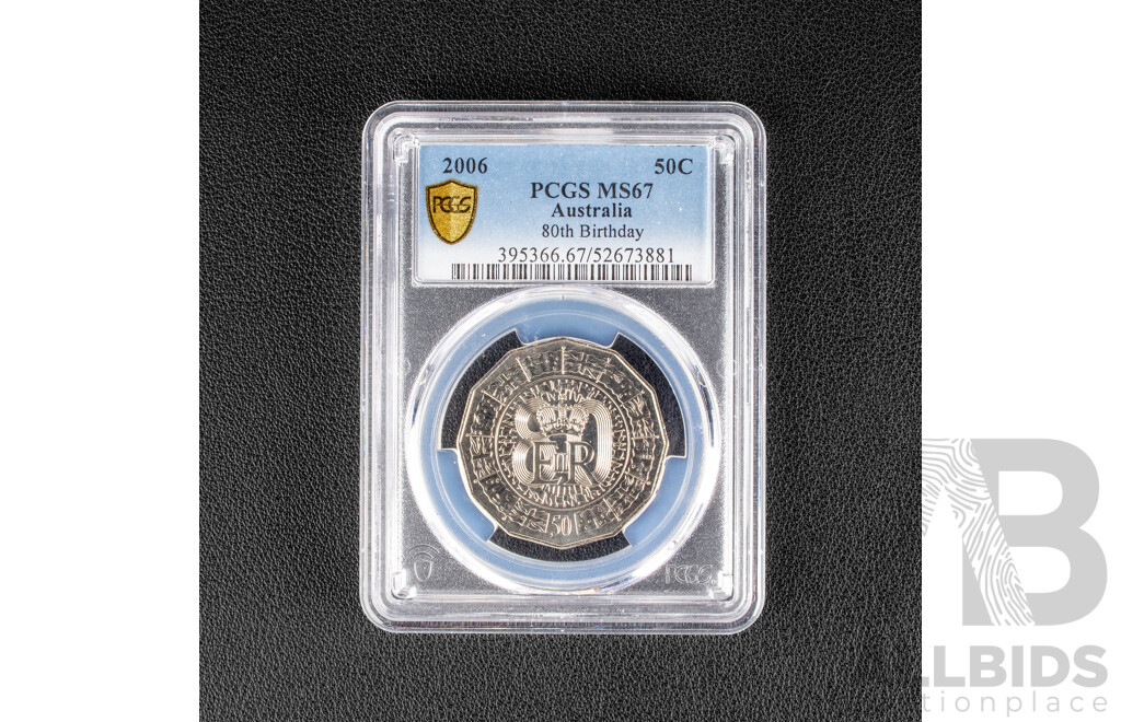 Australian 2006 Fifty Cent Coin, QE2 80th Bitthday. PCGS Grade MS67 GEM