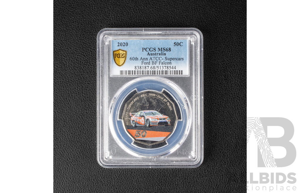 Australian 2020 Coloured Fifty Cent Coin coin. Super Cars BF Falcon.PCGS Grade MS 68 GEM cs