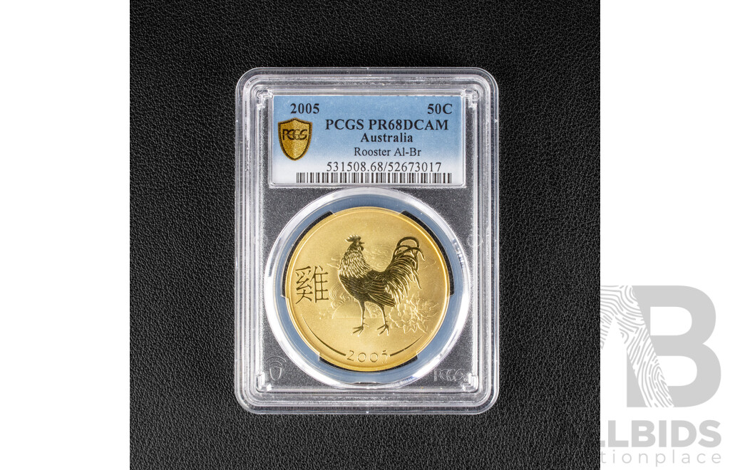 Australian 2005 Proof Fifty Cent Coin, Year of Rooster. PCGS Grade PR68. cd