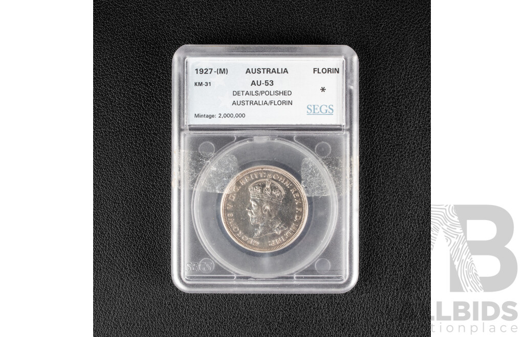 Australian 1927 KGV Silver Florin, Canberra florin, Graded AU53, EF